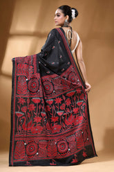 Red thread swan motif floral silk kantha stitch saree in black intricate hand-painted 4