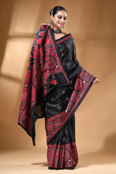 Red thread swan motif floral silk kantha stitch saree in black intricate 5
