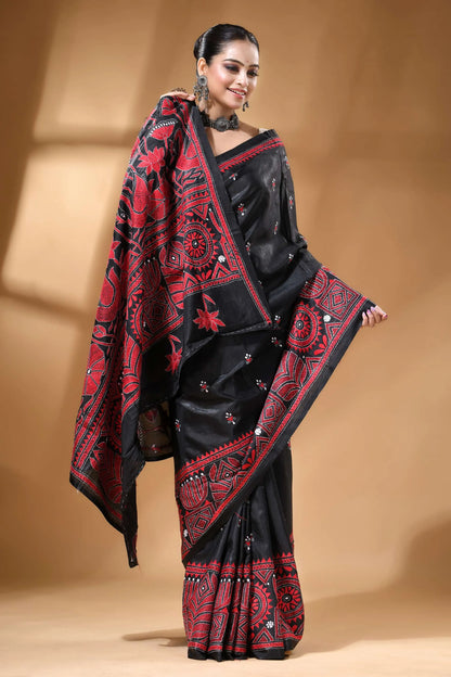 Red thread swan motif floral silk kantha stitch saree in black intricate 5