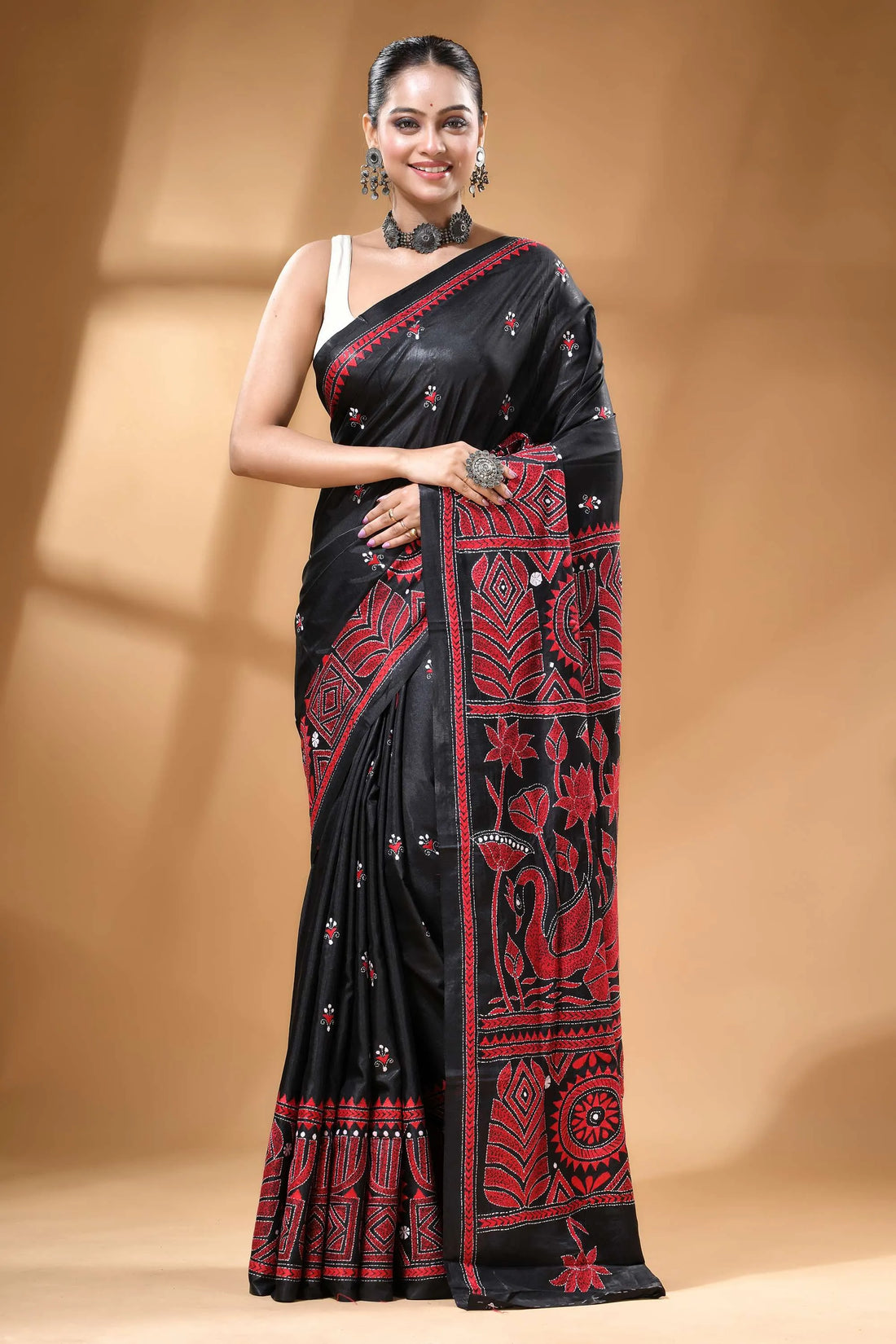 Red thread swan motif floral silk kantha stitch saree in black black silk saree intricate red 1