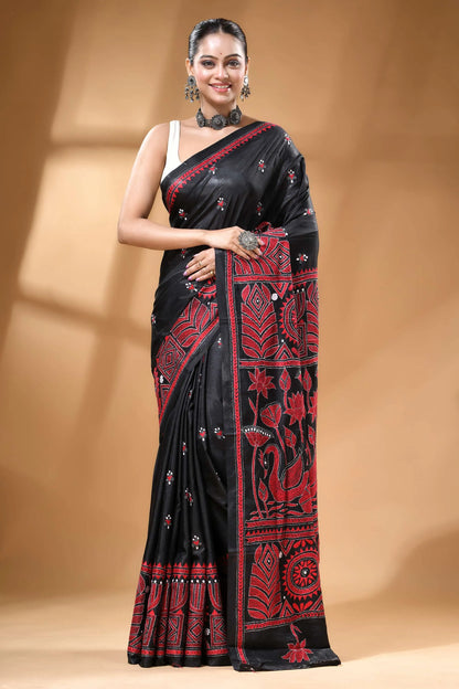 Red thread swan motif floral silk kantha stitch saree in black intricate 1