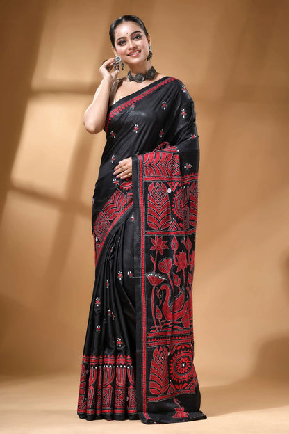 Red thread swan motif floral silk kantha stitch saree in black intricate embroidery 6