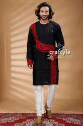 Red thread work black kantha stitch cotton panjabi for men kurta intricate embroidery 1