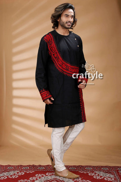 Red thread work black kantha stitch cotton panjabi for men kurta intricate 3