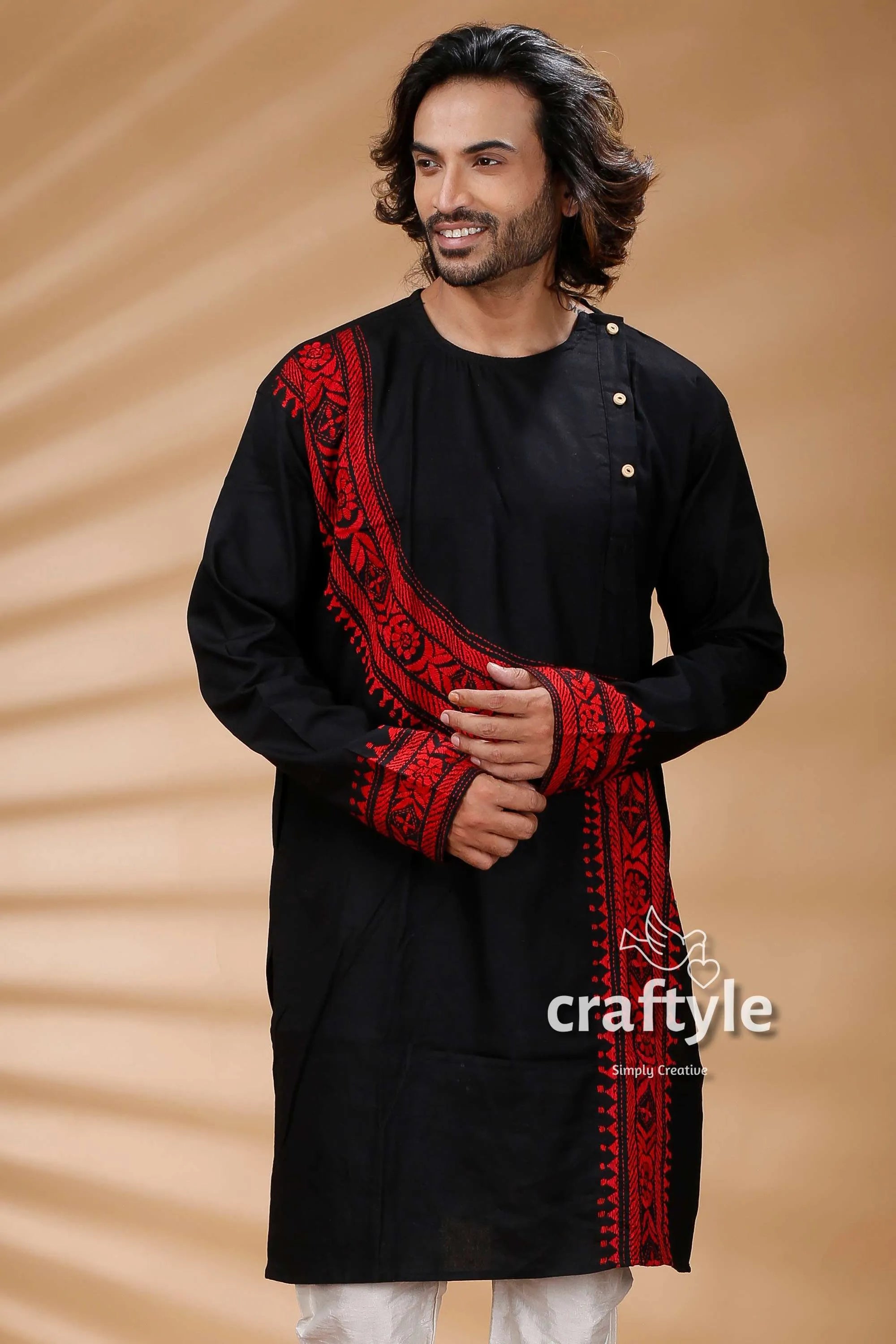 Red thread work black kantha stitch cotton panjabi for men kurta intricate embroidery 2
