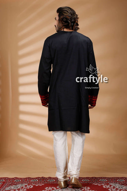 Red Thread Work Black Kantha Stitch Cotton Panjabi for Men - Craftyle