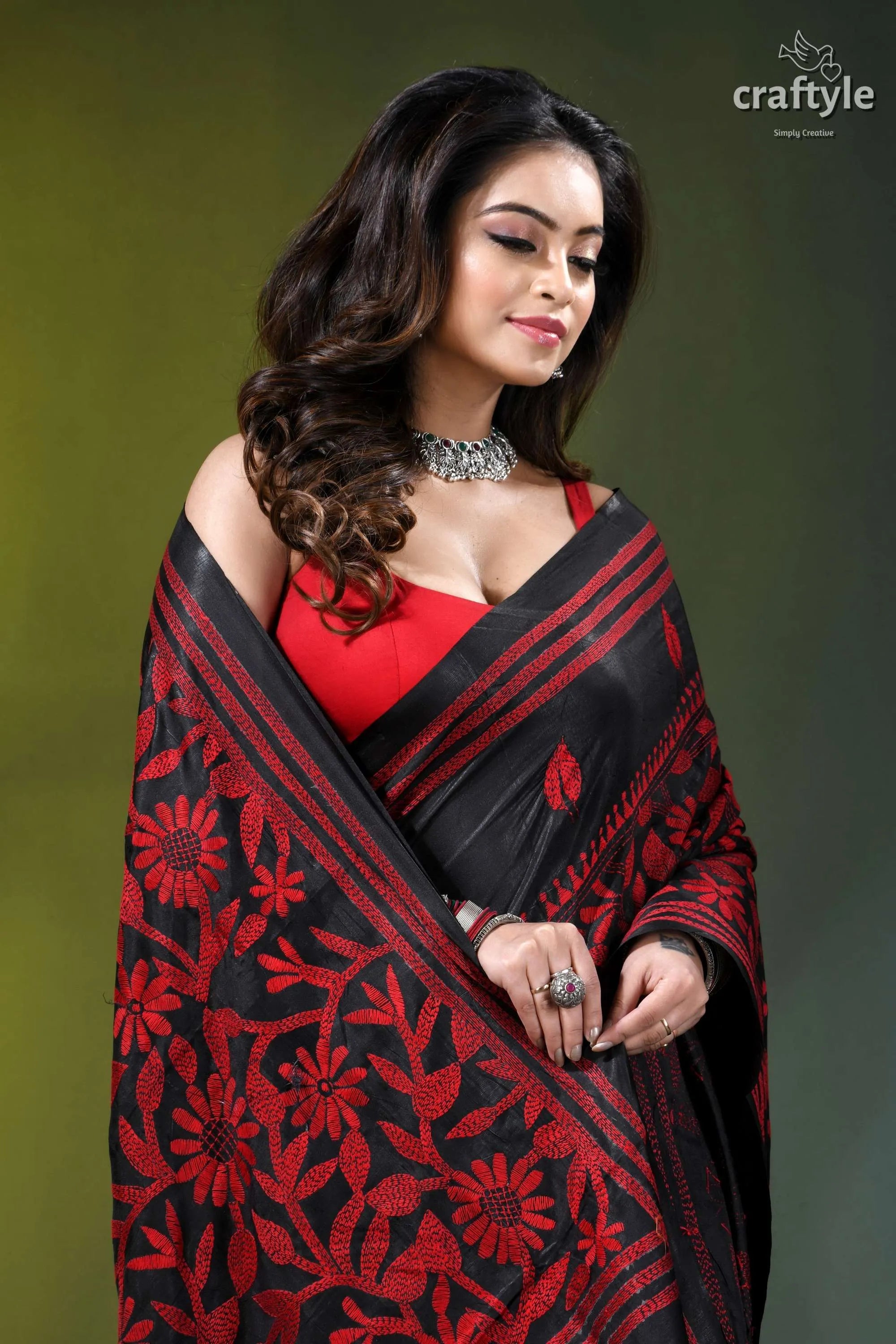 Red thread work floral motif silk kantha stitch saree in black black red floral-patterned saree intricate 2