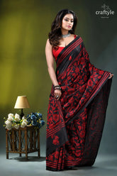 Red thread work floral motif silk kantha stitch saree in black elegant black red floral saree 4