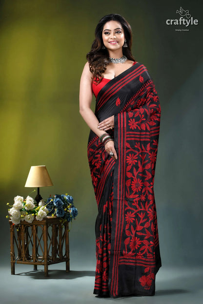 Red thread work floral motif silk kantha stitch saree in black black red floral-patterned saree intricate 7