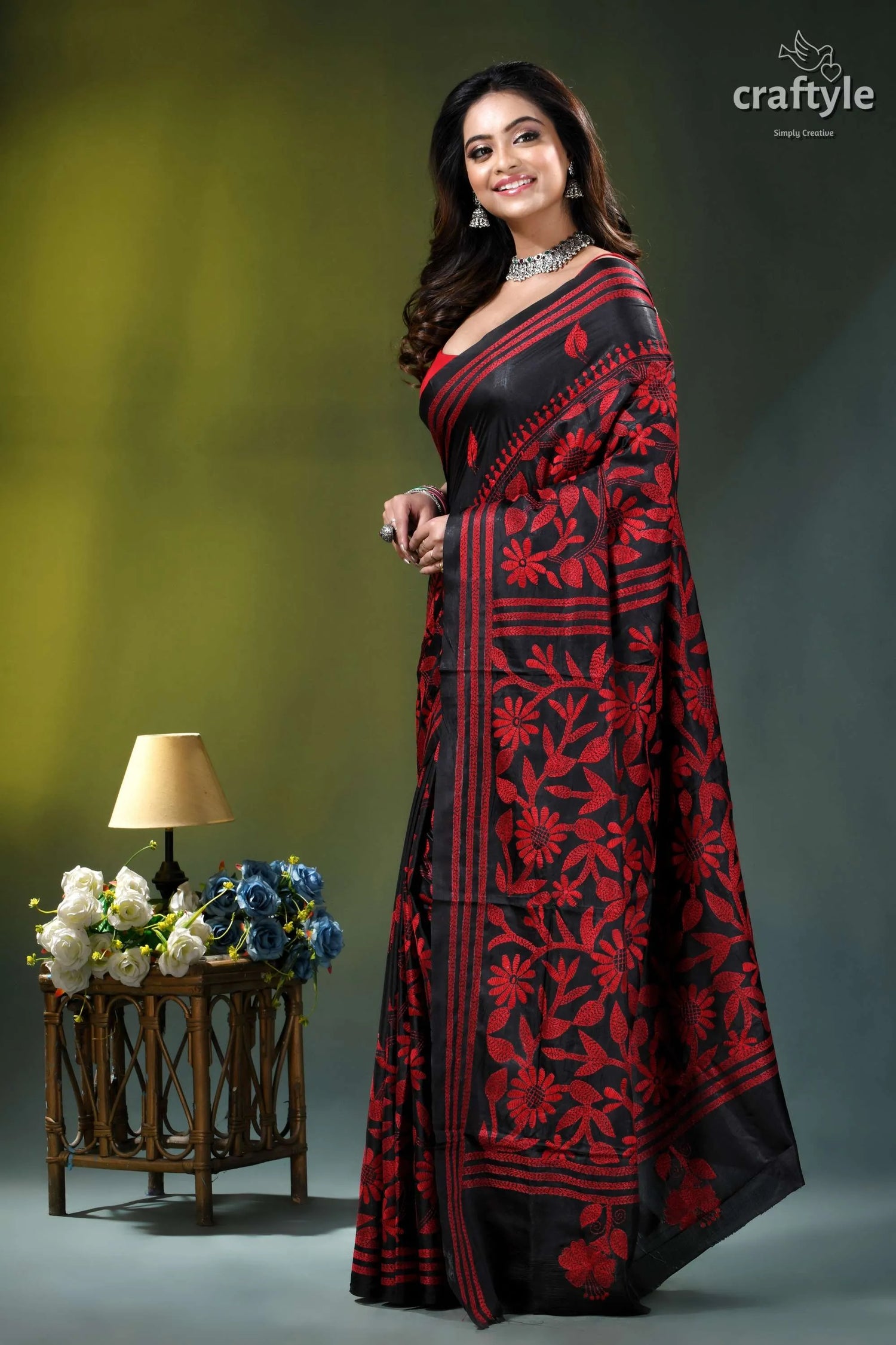 Red thread work floral motif silk kantha stitch saree in black black red floral-patterned saree intricate 3