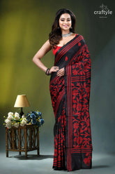 Red thread work floral motif silk kantha stitch saree in black woman wears black red floral 1