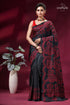 Red thread work handcrafted gujrati stitch silk saree in charcoal black black saree intricate red paisley 1