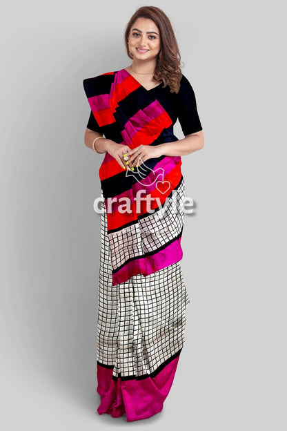 Red violet mulberry pure silk saree with hand block print and check design colorful patterned saree 4