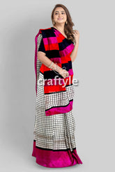 Red violet mulberry pure silk saree with hand block print and check design woman colorful saree 1