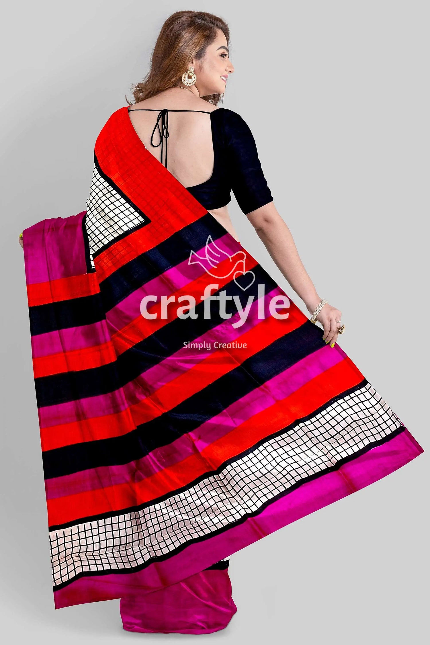Red violet mulberry pure silk saree with hand block print and check design colorful striped saree 5