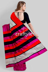 Red violet mulberry pure silk saree with hand block print and check design colorful striped saree 5