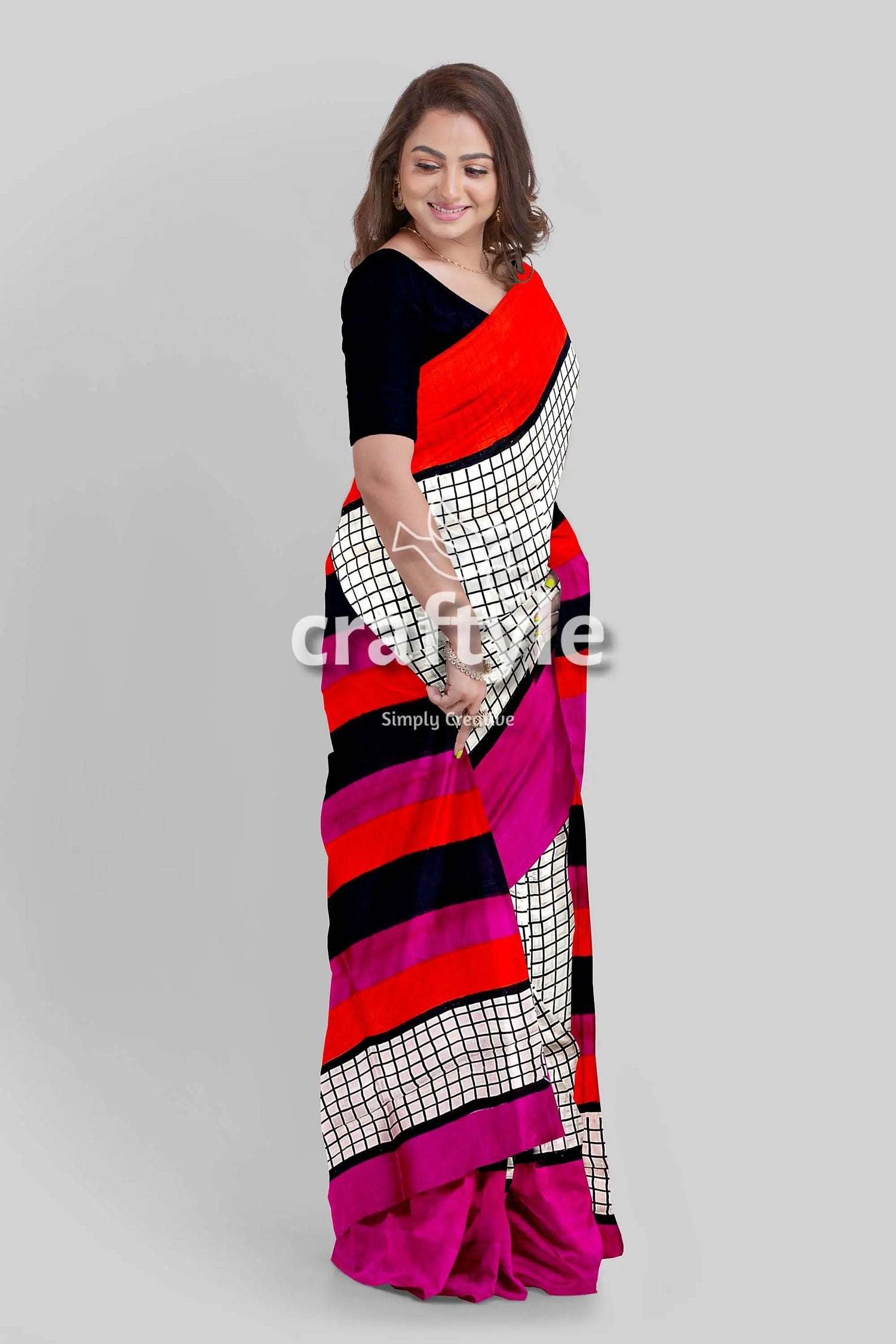 Red violet mulberry pure silk saree with hand block print and check design woman colorful saree 3