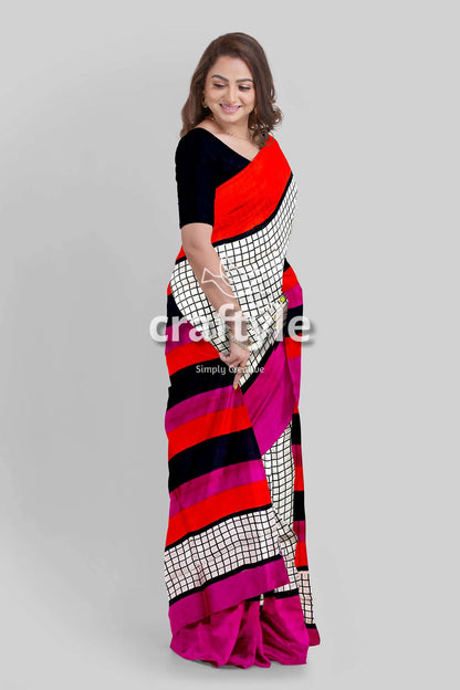 Red violet mulberry pure silk saree with hand block print and check design woman colorful saree 3