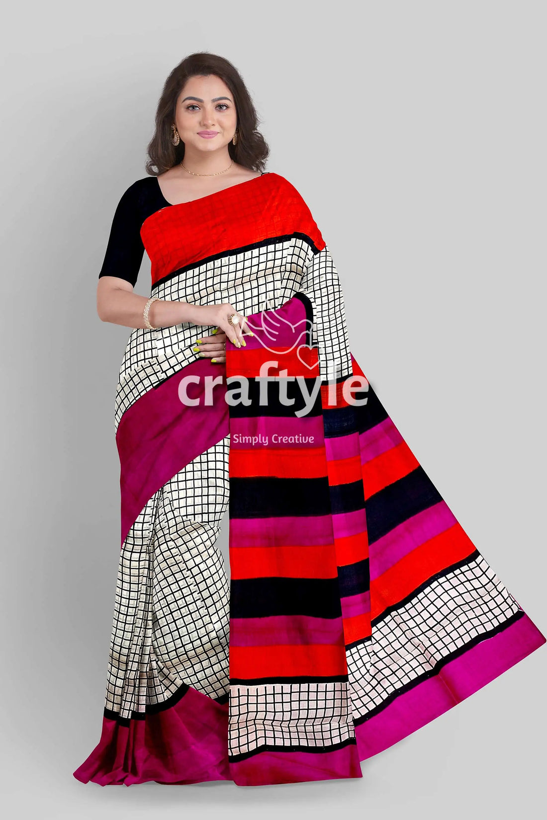 Red violet mulberry pure silk saree with hand block print and check design colorful patterned saree 2