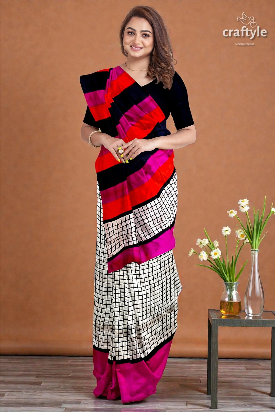 Red violet mulberry pure silk saree with hand block print and check design 1