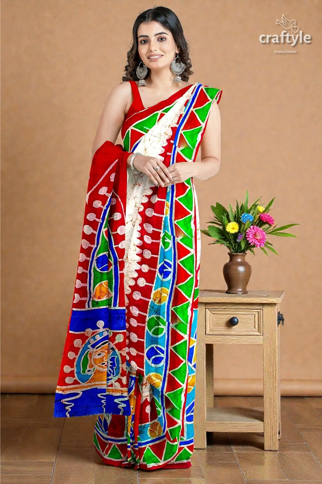 Red white goddess durga handpainted batik silk saree - pure mulberry 1