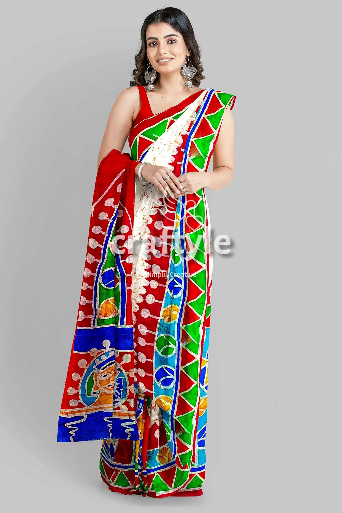 Red white goddess durga handpainted batik silk saree - pure mulberry red white patterned saree 1