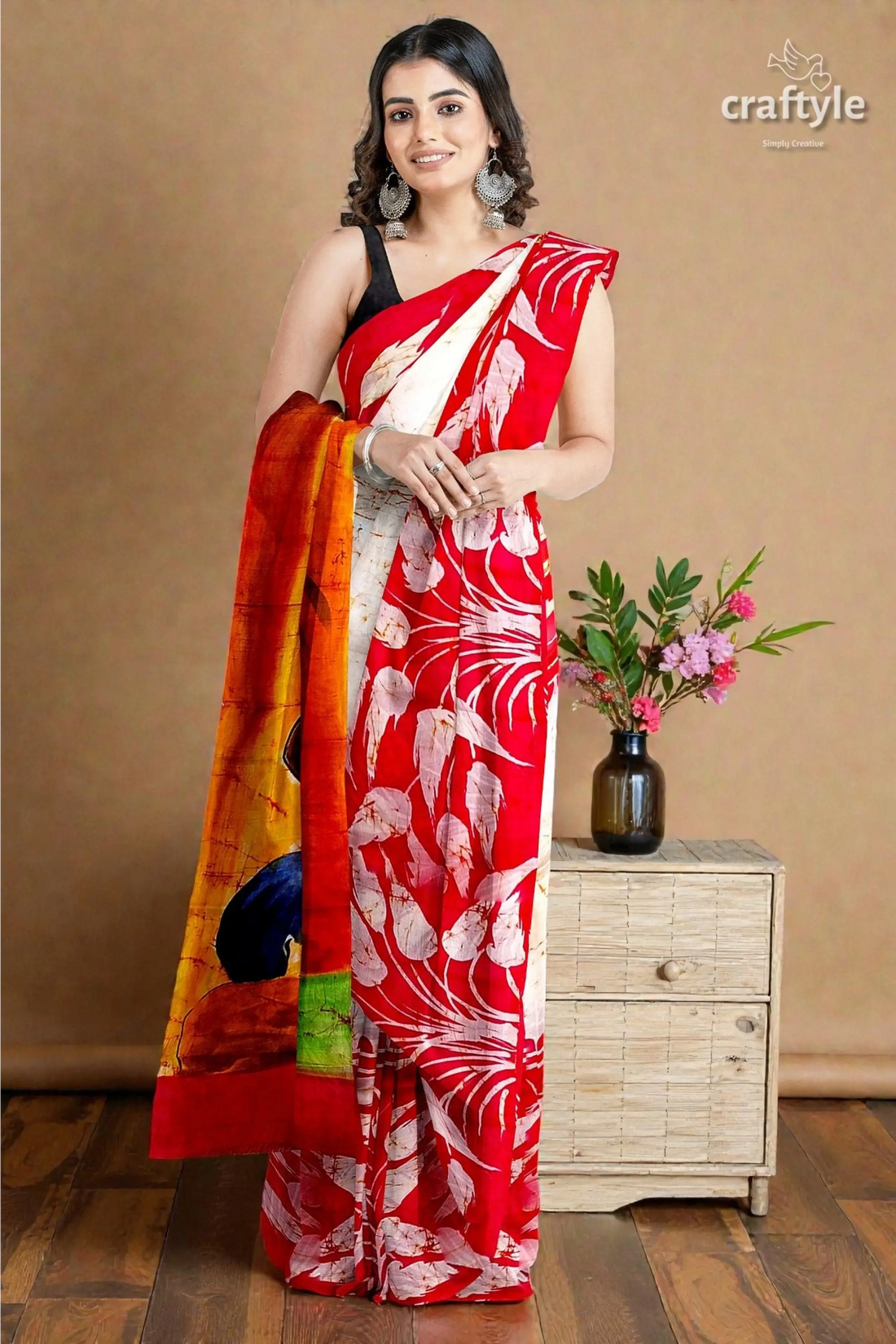 Red white goddess handpainted batik silk saree - mulberry pure ma durga sari 1