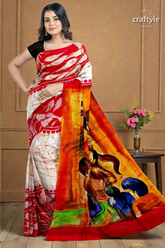 Red white goddess handpainted batik silk saree - mulberry pure ma durga sari 6