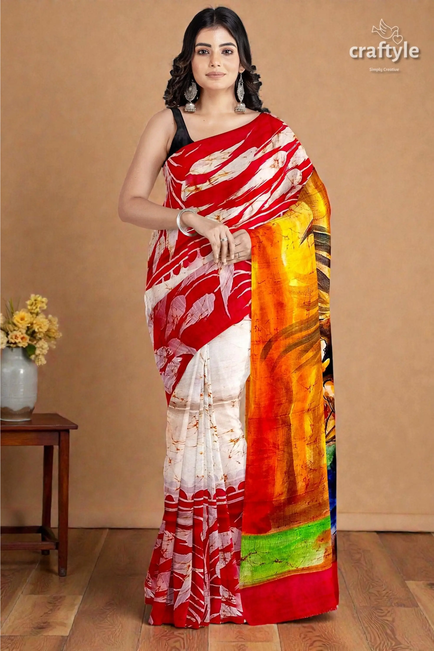 Red white goddess handpainted batik silk saree - mulberry pure ma durga sari 3