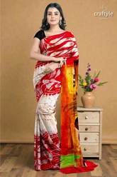 Red white goddess handpainted batik silk saree - mulberry pure ma durga sari 5