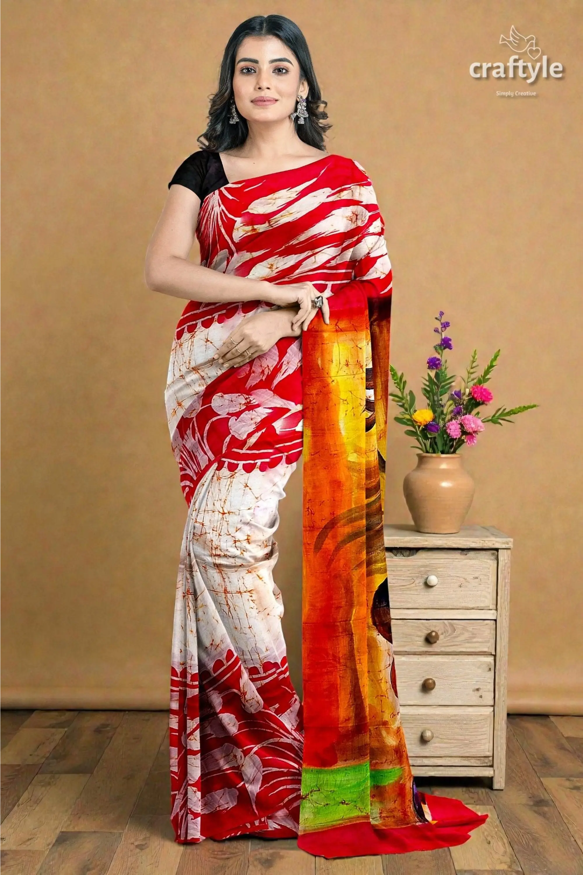 Red white goddess handpainted batik silk saree - mulberry pure ma durga sari 5