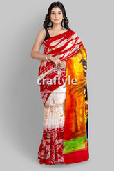 Red White Goddess Handpainted Batik Silk Saree - Mulberry Pure Silk Ma Durga Sari - Craftyle