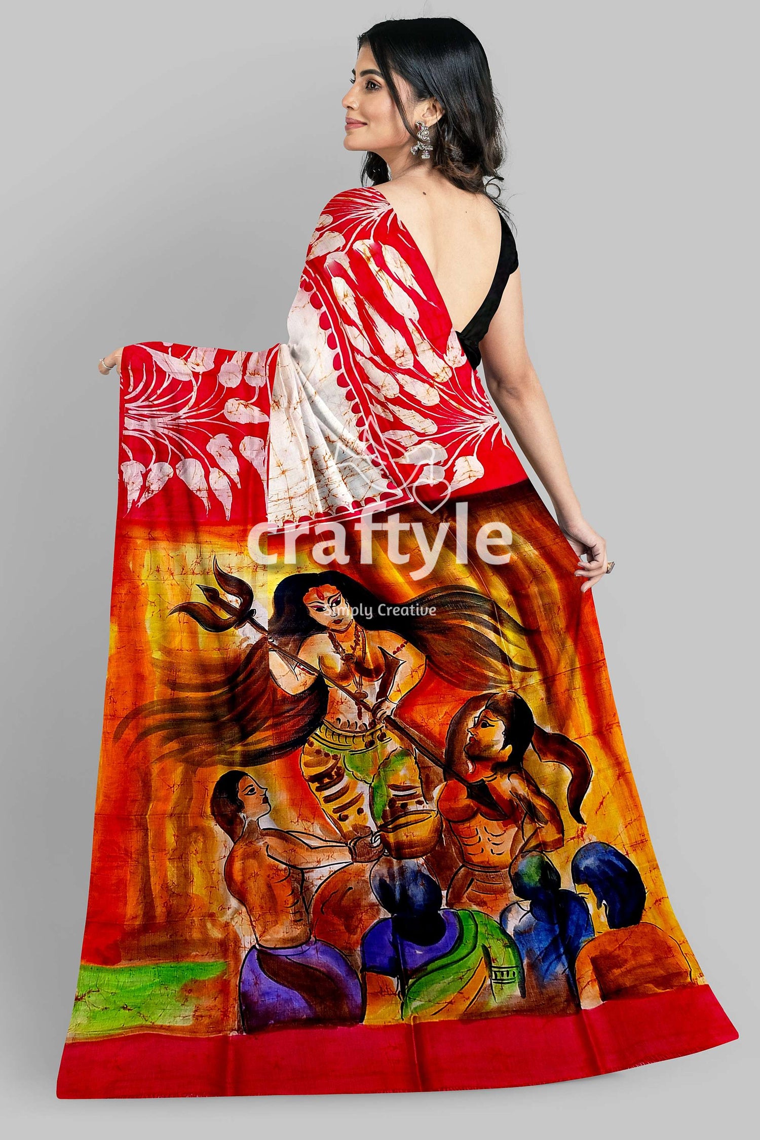 Red White Goddess Handpainted Batik Silk Saree - Mulberry Pure Silk Ma Durga Sari - Craftyle