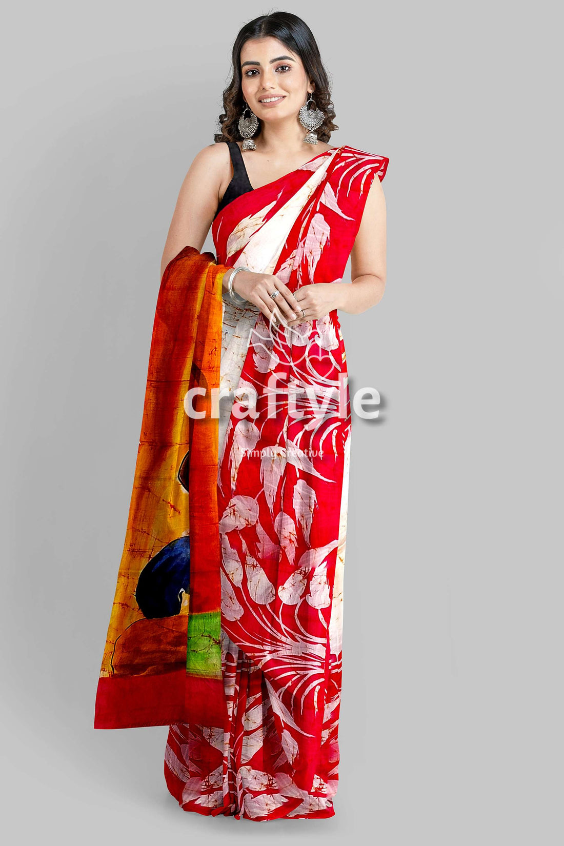 Red White Goddess Handpainted Batik Silk Saree - Mulberry Pure Silk Ma Durga Sari - Craftyle
