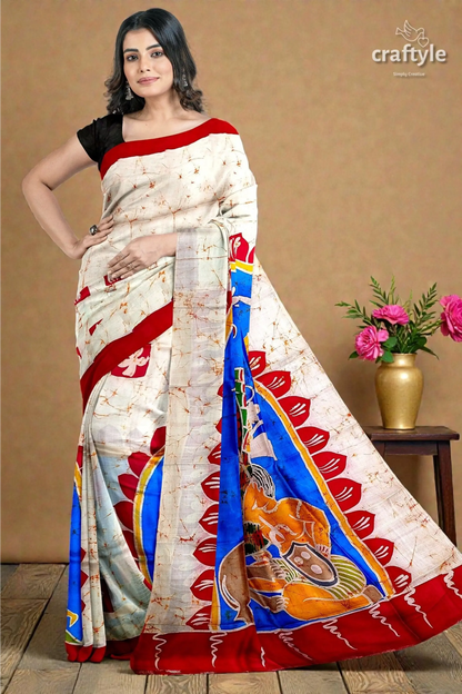 Red white goddess ma durga hand batik mulberry pure silk saree 2