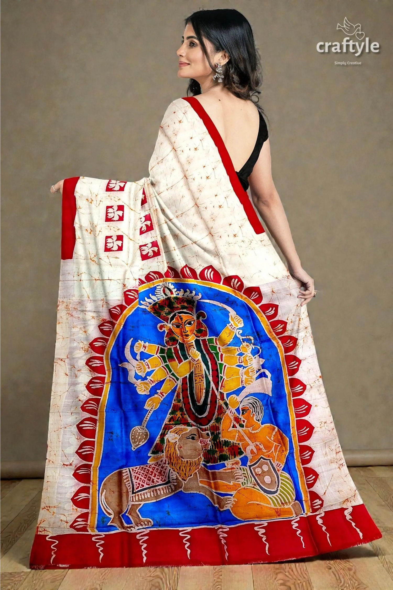 Red white goddess ma durga hand batik mulberry pure silk saree 4