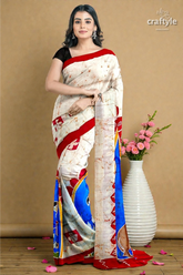 Red white goddess ma durga hand batik mulberry pure silk saree 1