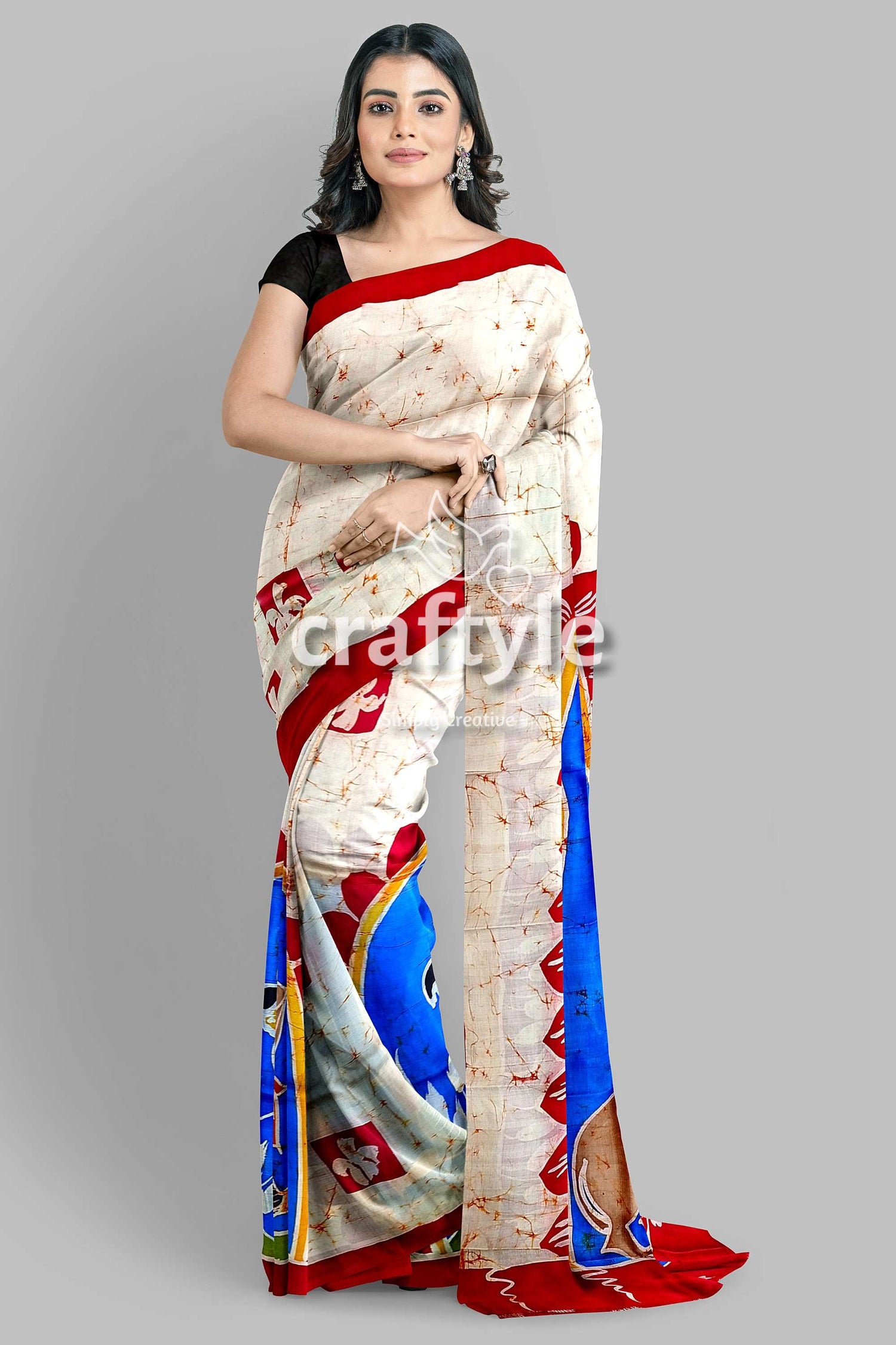 Red White Goddess Ma Durga Hand Batik Mulberry Pure Silk Saree - Craftyle