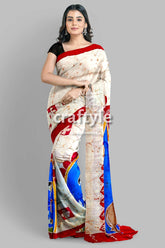 Red White Goddess Ma Durga Hand Batik Mulberry Pure Silk Saree - Craftyle