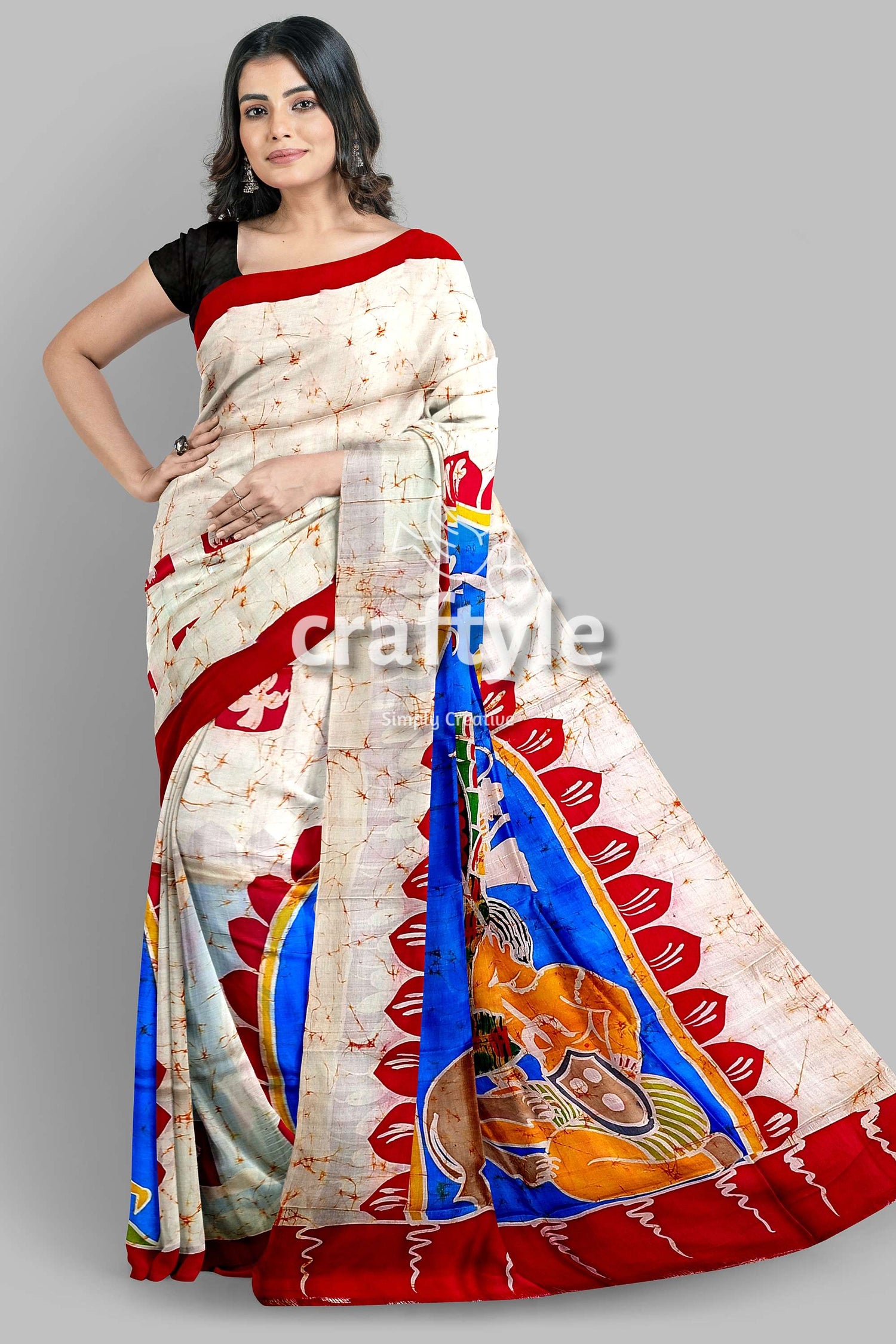 Red White Goddess Ma Durga Hand Batik Mulberry Pure Silk Saree - Craftyle