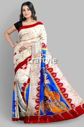 Red White Goddess Ma Durga Hand Batik Mulberry Pure Silk Saree - Craftyle