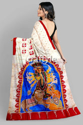 Red White Goddess Ma Durga Hand Batik Mulberry Pure Silk Saree - Craftyle
