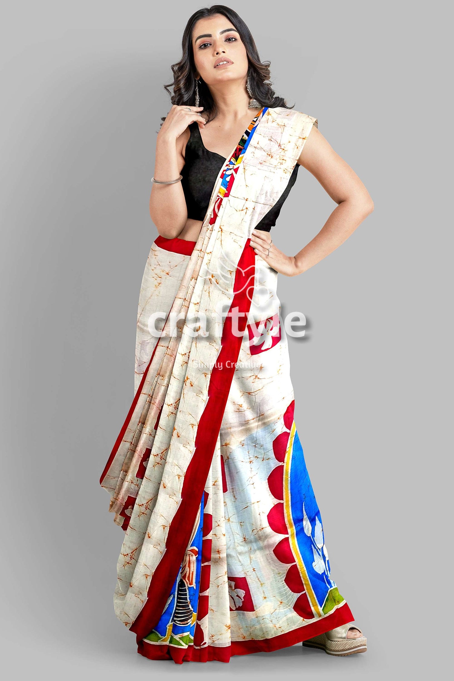 Red White Goddess Ma Durga Hand Batik Mulberry Pure Silk Saree - Craftyle