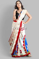 Red White Goddess Ma Durga Hand Batik Mulberry Pure Silk Saree - Craftyle