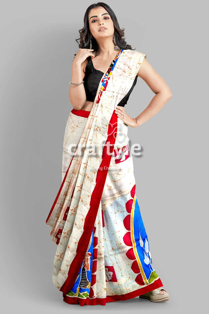 Red White Goddess Ma Durga Hand Batik Mulberry Pure Silk Saree - Craftyle