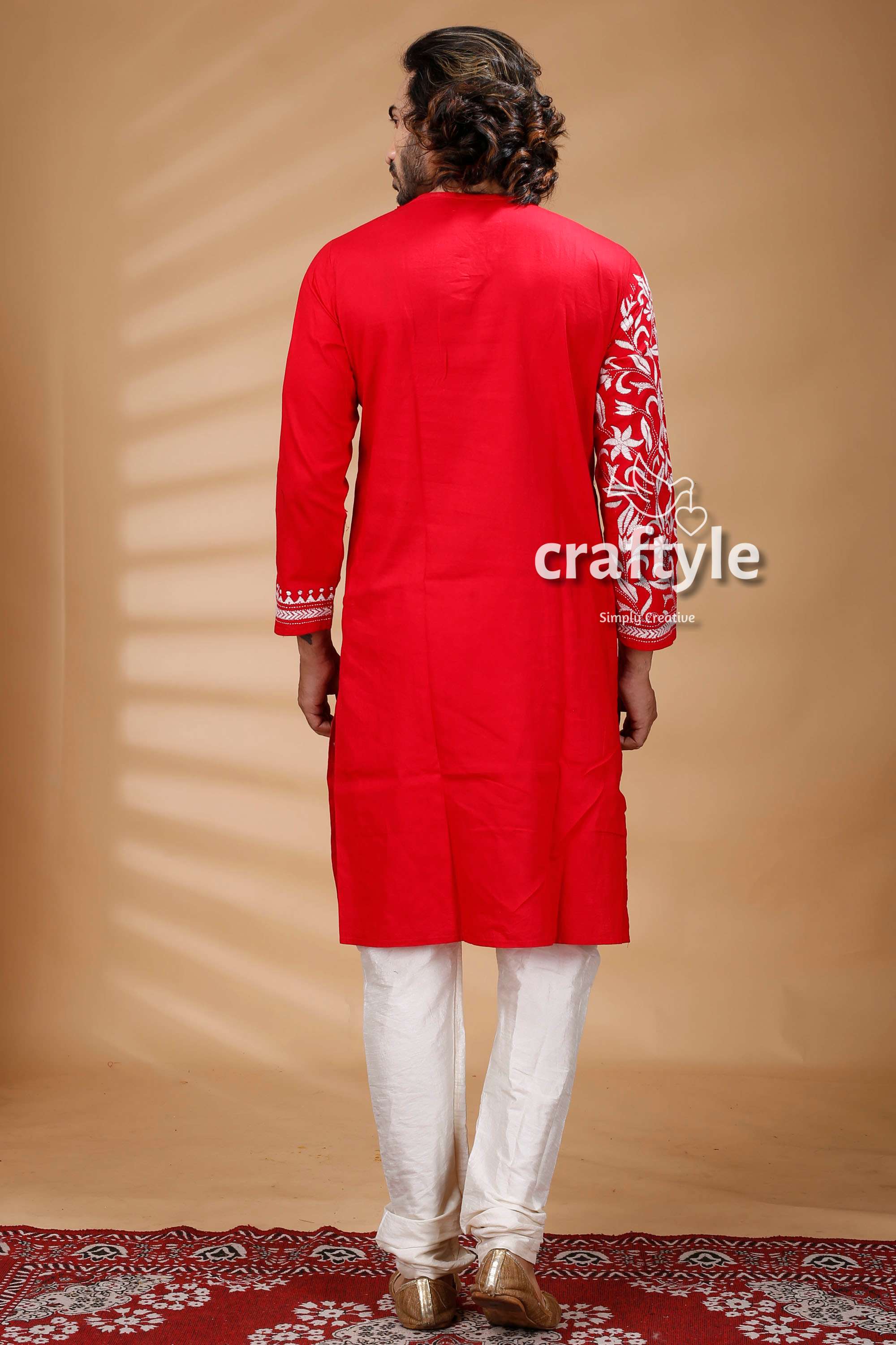 Red &amp; White Hand Embroidered Kantha Stitch Cotton Mens Kurta - Craftyle