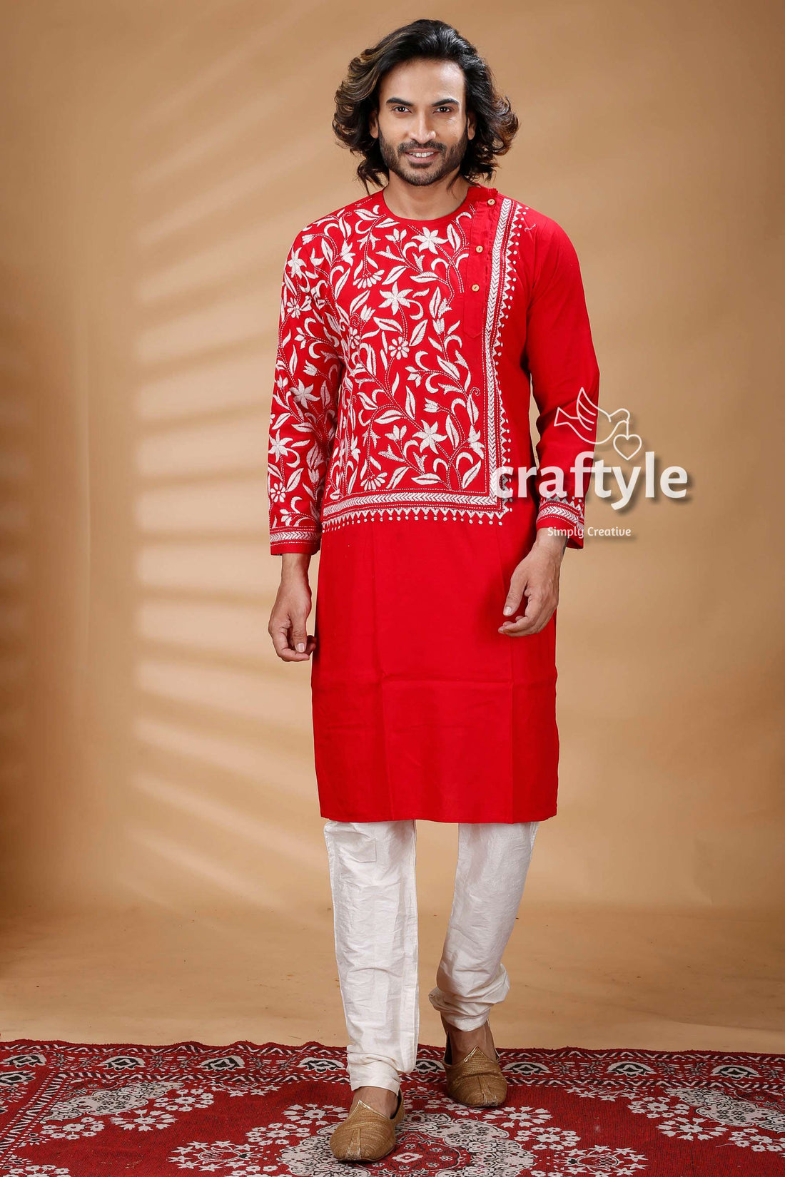 Red &amp; White Hand Embroidered Kantha Stitch Cotton Mens Kurta - Craftyle