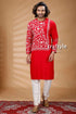 Red & White Hand Embroidered Kantha Stitch Cotton Mens Kurta - Craftyle