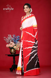 Red white pure cotton hand batik saree - artisan made elegant design red white patterned saree 3