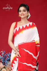 Red white pure cotton hand batik saree - artisan made elegant design red white patterned saree 2